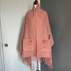Pink Shawl/Cape with Fringe and Fur Pockets
